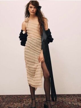 Urban Outfitters Kimchi Blue The Rita Ruffle Rosette Midi Homecoming Dress Sand